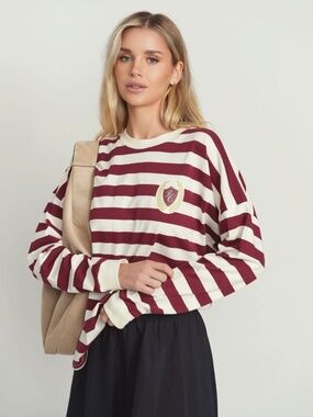 NWT POINT BOYFRIEND TEE Dark Berry Stripe XL